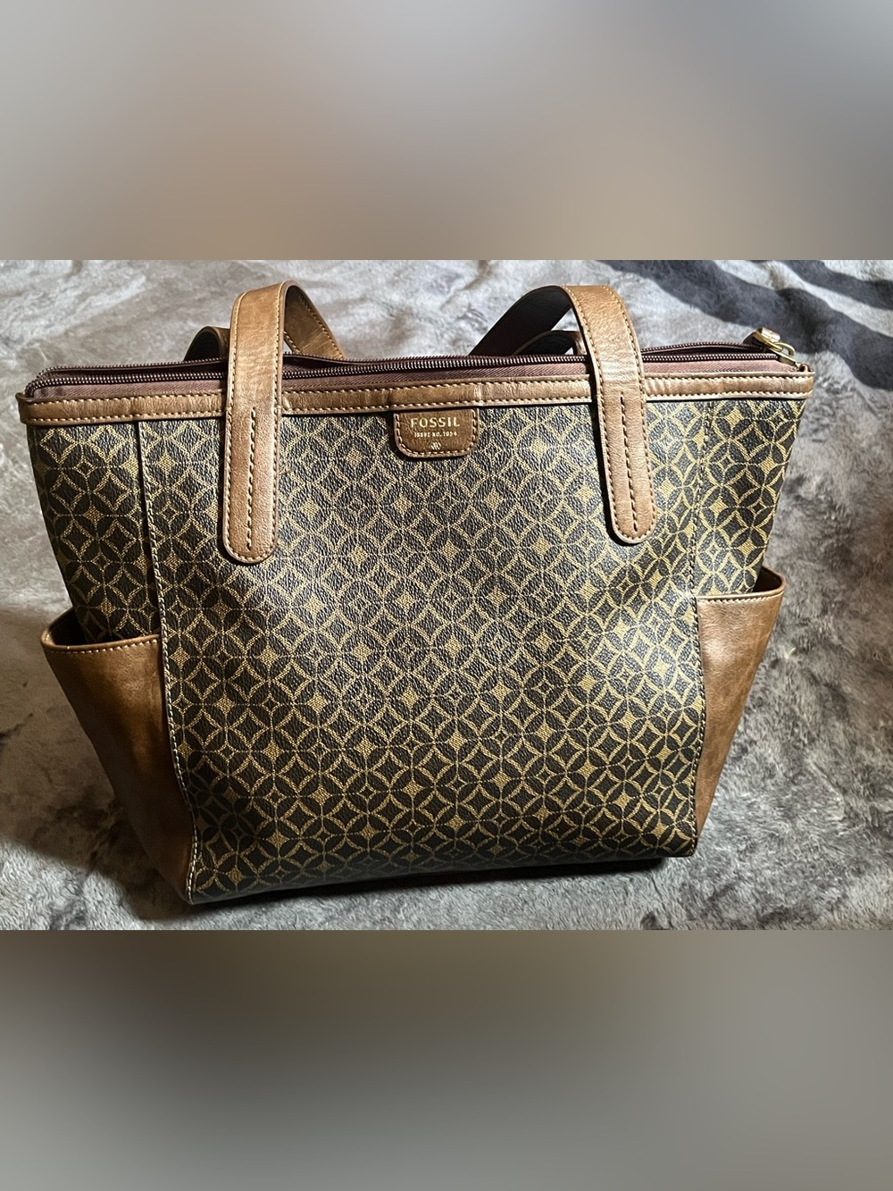 Fossil Brown & Tan Patterned Logo Tote